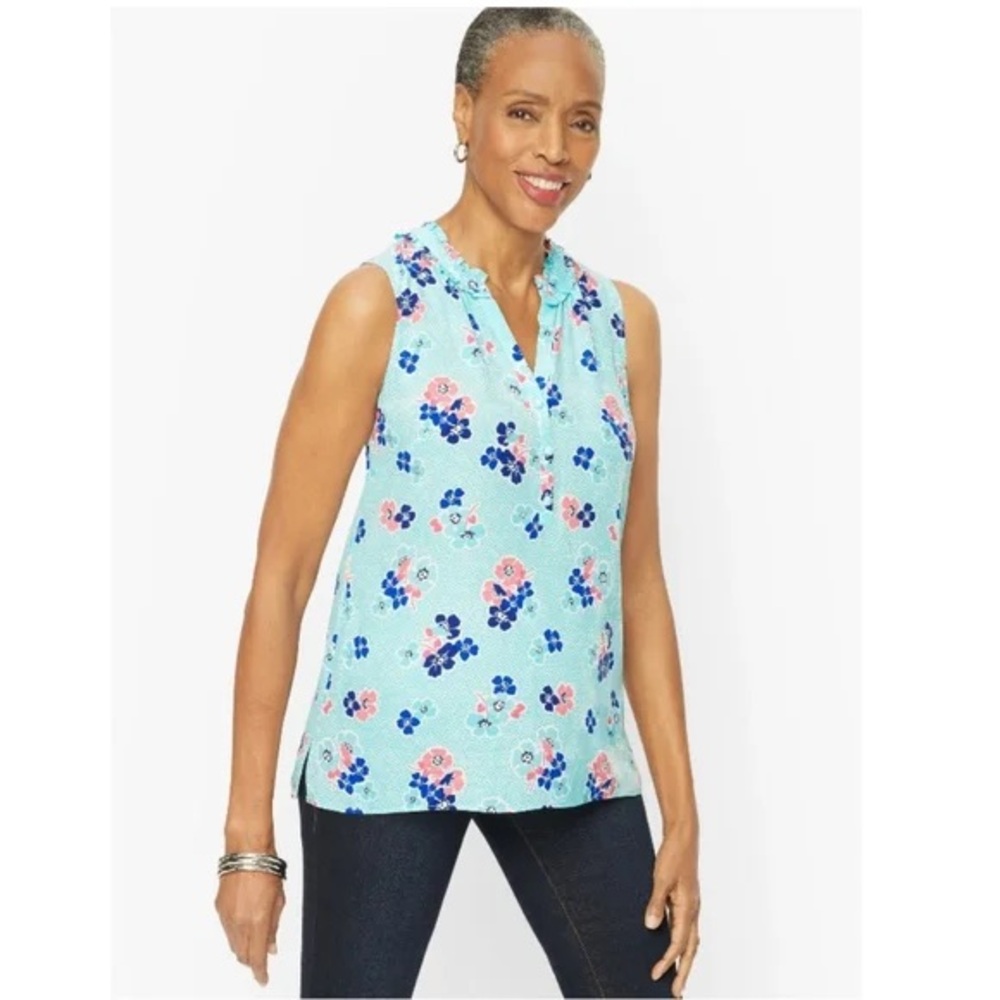 Talbots Floral Light Blue Popover Tank Top | XL petite